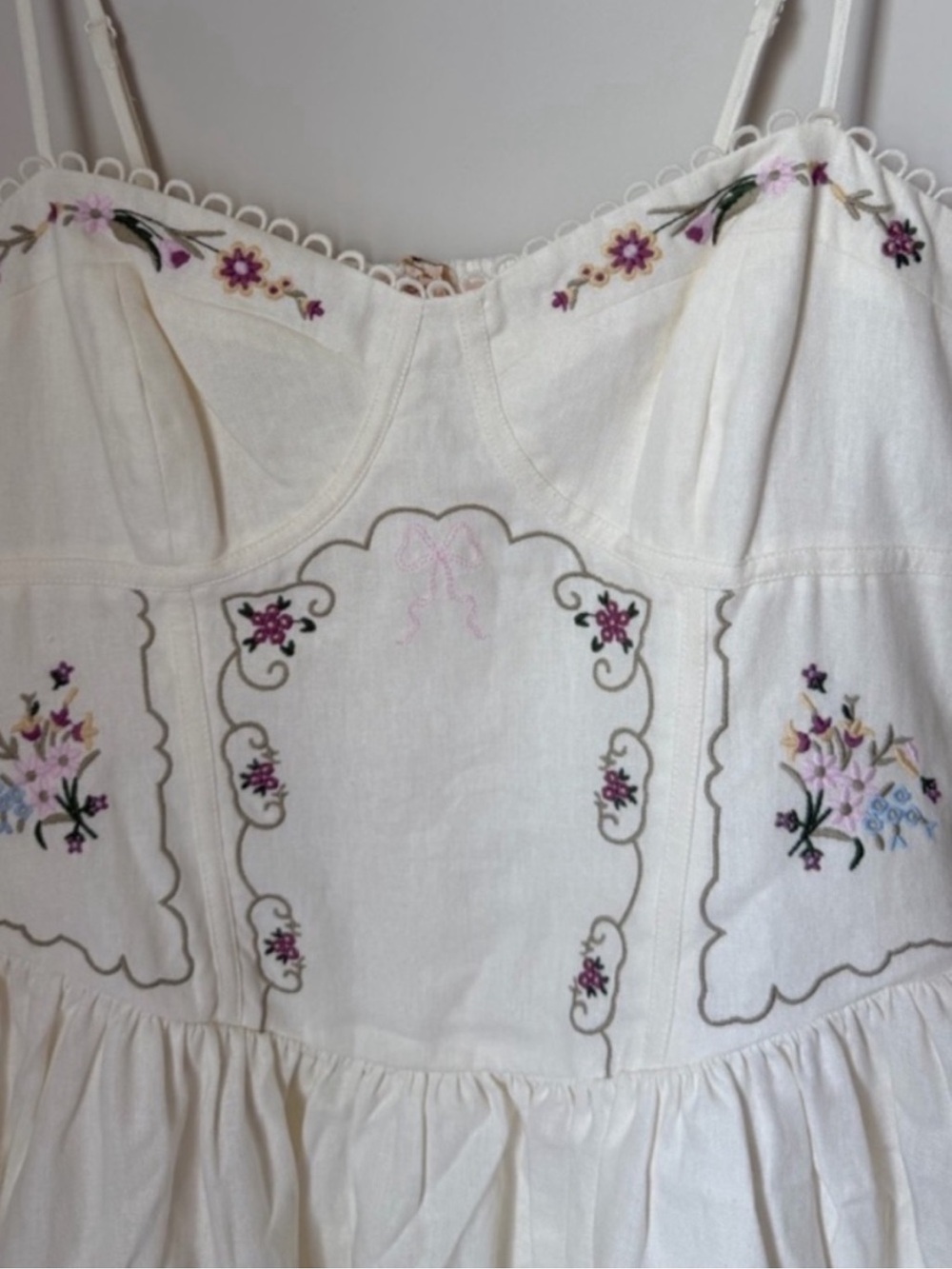 Viral Camila Coelho Cream floral Embroidered linen blend flare midi dress - Picture 2 of 3